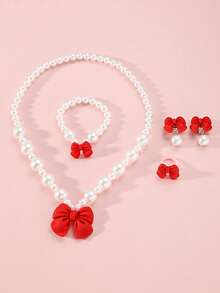 Set de 5 piezas de joyería con moño y perlas para niños, incluye collar, pulsera con cuentas, anillo y aretes, adecuado como regalo de fiesta de cumpleaños o para uso diario de niñas - Unitalla - Ver 7