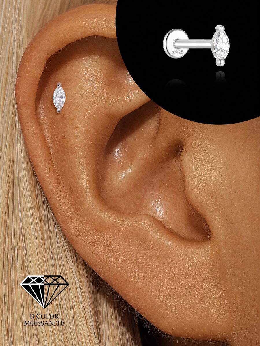 1件莫桑石心形925纯银耳环，女士精致浪漫耳骨钉，耳廓钉，耳软骨钉，适合日常佩戴，婚礼派对订婚高级珠宝