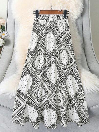 Plus Size Women Casual Paisley Print Elastic Waist Skirt White