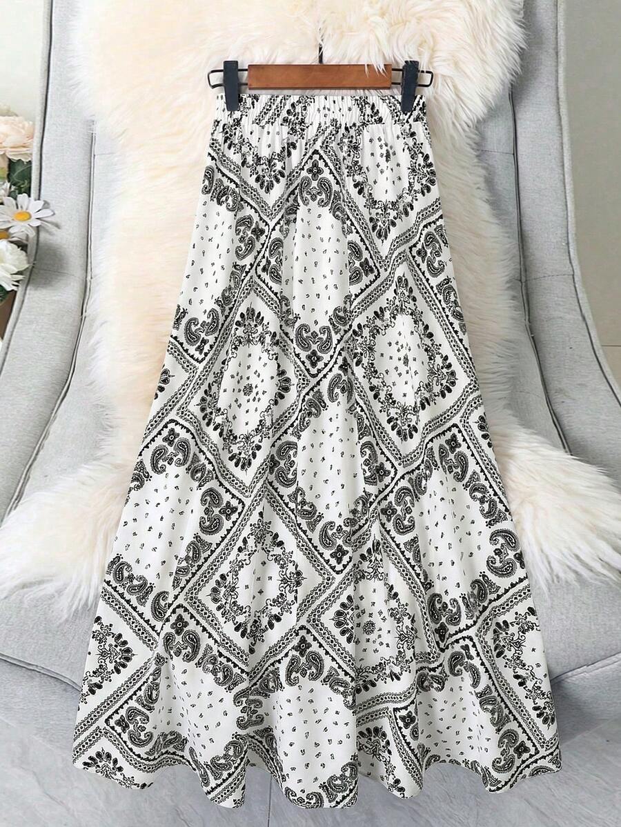 Plus Size Women Casual Paisley Print Elastic Waist Skirt White - White - View 1