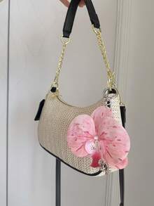 夏季新款时尚编织单肩包，粉色花卉装饰链条斜挎包，休闲手提包，Y2K风格腋下包，可单肩或斜挎 - 黑色 - 查看 3