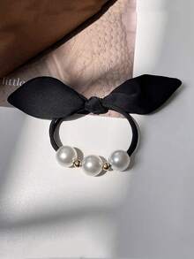 1pc French Pearl Bow Hair Scrunchie, High Elasticity Durable Hair Tie For Women, Ponytail, Rabbit Ears Hair Tie - Grey - View 6