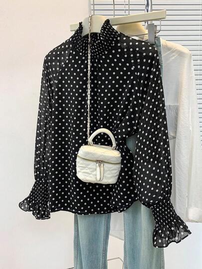 YUXIN Áo kiểu nữ mùa xuân hè chấm bi bằng vải chiffon, cổ cao, tay bồng, dáng rộng, thoáng khí, tôn dáng, thích hợp cho công sở, dự tiệc và mặc hàng ngày trong nhiều dịp.