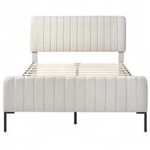 Upholstered Double Bed 180 X 200 Cm, Bed Frame With Slatted Base And Adjustable Headboard, Grey-Beige Linen Cover, Bed Frame For A Child's Room Or Guest Room - White - View 7