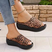 Leopard Print Thick-Sole Slide Sandals, Thick Wedge Heel For Stable & Comfortable Walking, Open Toe Design For Breathability, Suitable For Casual Daily Wear In Various Occasions - Brown - View 1