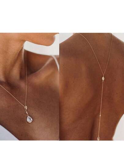 优雅金色新娘露背项链，水滴形立方氧化锆精致Y型项链，适合婚礼新娘舞会，闪耀夺目