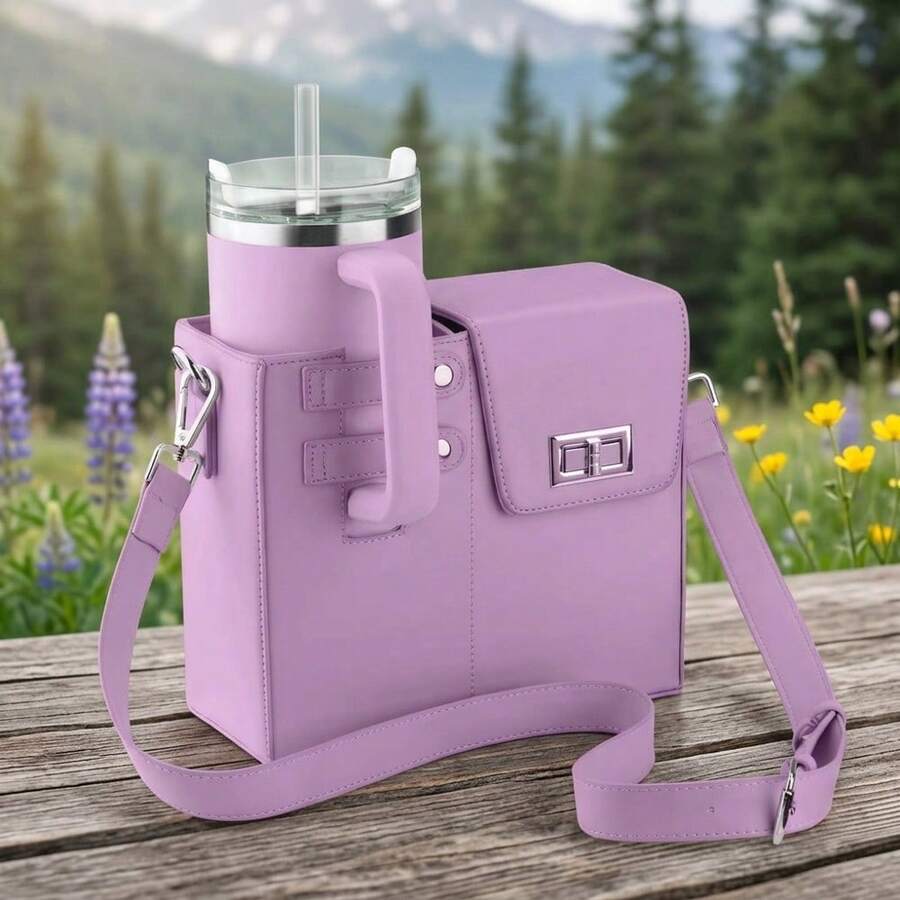 Women's Solid Color Crossbody Bag With Water Bottle Holder PU Leather Adjustable Strap Portable Outdoor Commute Shoulder Bag Lightweight Durable Casual Daily Travel Purse - Màu tím - Xem 1