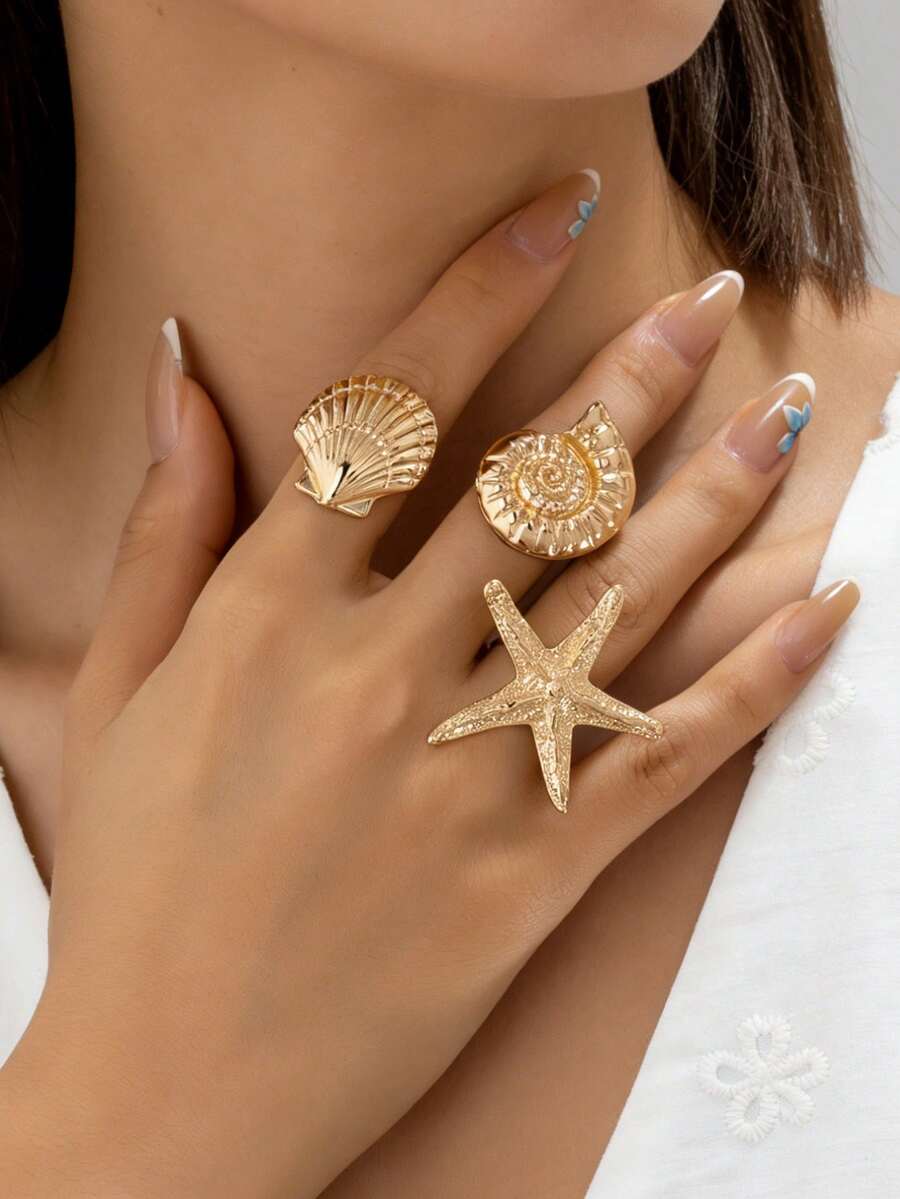 3pcs/Set Summer Beach Style Starfish & Shell Fashion Ring Set, Bohemian Ocean Life Ring Set, Suitable For Beach Travel And Daily Outfit As Boho Accessories - Gold - View 1