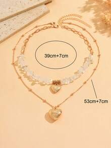 2pcs/Set Minimalist Versatile High-Quality Stone Beaded Chain Double-Layer Heart Pendant Necklace, Retro Fashionable Choker Necklace Suitable For Daily Wear, Parties, Dates, Also Suitable As Mother's Day Gift. The Size, Shape And Quantity Of Stones Are Random. - Multicolor - View 4