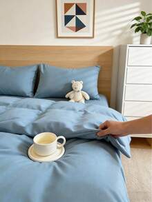 北歐輕奢絲滑四季通用純色2/3件套被套套裝（不含被芯）135*200cm/160*220cm兩件套，多色可選，柔軟舒適親膚，適用於臥室，客房，宿舍，四季必備床上用品，可機洗 - 藍色 - 查看 1
