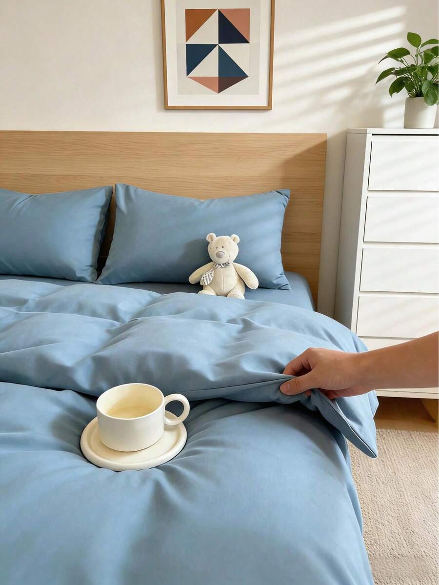 北歐輕奢絲滑四季通用純色2/3件套被套套裝（不含被芯）135*200cm/160*220cm兩件套，多色可選，柔軟舒適親膚，適用於臥室，客房，宿舍，四季必備床上用品，可機洗 - 藍色 - 查看 1