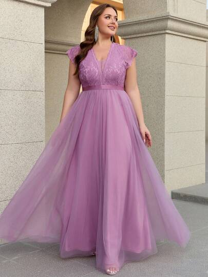 女士大码优雅纯色派对网纱撞色蕾丝拉链伴娘礼服，适合婚礼宾客、新娘母亲、鸡尾酒会、正式场合穿着，春夏秋冬皆宜。