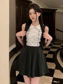 黑色蕾丝领无袖连衣裙，夏季小黑裙 - 黑色 - 查看 1