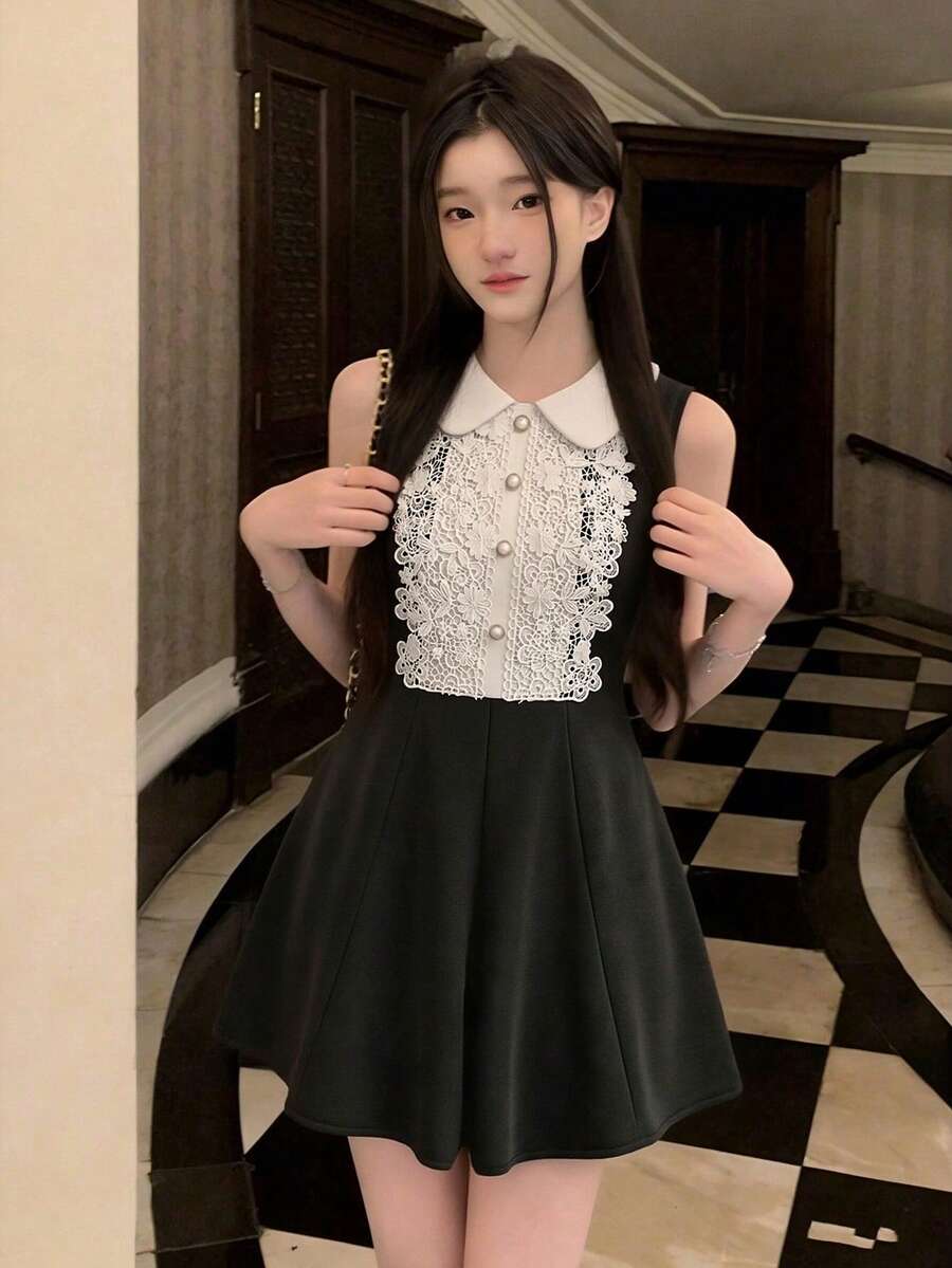 黑色蕾丝领无袖连衣裙，夏季小黑裙 - 黑色 - 查看 1