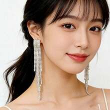 1 Pair European And American Classic Versatile Exaggerated Long Rhinestone Tassel Earrings, Luxury Elegant Earrings With Refined Details, Fashionable Unique Earrings For Women - Multicolor - View 10