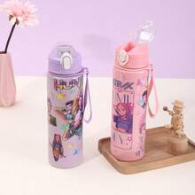 1pc 700ml KPOP Witch Hunting Girl Group Straw Cup, Cute Cartoon Design With Rope, Large Capacity Plastic Water Bottle - Multicolor - View 4