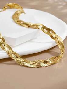 RAYQUEEN 1pc Handmade Stainless Steel 3-Color Chain Design Necklace & Bracelet Set, Suitable For Daily Wear And Gift - Yellow Gold - View 2
