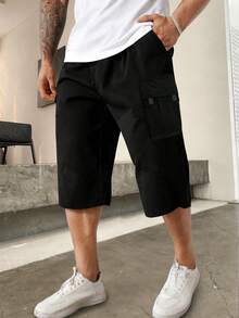 1 件男士多口袋工装短裤，宽松休闲运动沙滩短裤，适合夏季度假，适合日常通勤、户外、健身、慢跑、百搭街头七分裤 - 黑色 - 查看 2