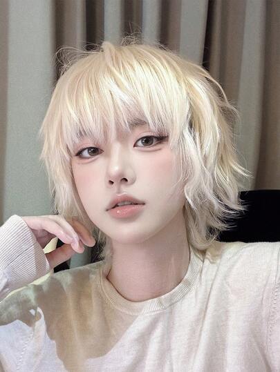 alicegarden 12-Inch Long Synthetic Wig Featuring A Natural Wavy Style In A Stunning Gold. Designed With Bangs , It Is Crafted From Heat-Resistant Fiber To Ensure Durability. This False Hairpiece Is Perfect For Daily Use, Offering A Natural And Realistic Appearance That Mimics.