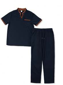 Men's 2-Piece Set, Color Block Spliced Stand Collar Pocket Short Sleeve Polo Shirt + Drawstring Waist Pants, Comfort Breathable Casual Daily Outfit - Navy Blue - View 2