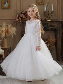 Teen Girl Elegant White Long Sleeve Lace Patchwork Mesh Girl's Party Dress, Faux Pearl Decor Backless V-Neck Slim Fit Maxi Dress, Suitable For Wedding, Prom, Bridesmaid, Birthday Party, Banquet - trắng - Xem 5
