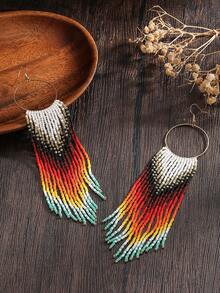 Hoa tai tua rua đính hạt thủ công, kiểu dáng bohemian thanh lịch, họa tiết hình học chuyển màu, phù hợp để đeo hàng ngày, đi nghỉ mát, dự tiệc, làm quà tặng ngày lễ cho gia đình và bạn bè, các cặp đôi. - Hoa tai tua rua nhiều màu - Xem 3