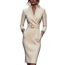 2026 Women European American Elegant Spring Autumn Long Sleeve Pocket Belted Dress - White - View 6