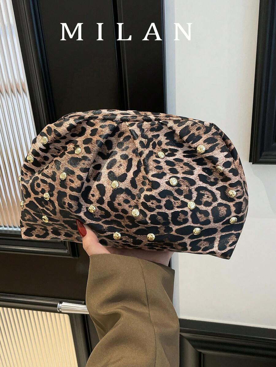 2026 New Leopard Print Clutch Bag For Women, Fashionable Pleated Rivet Versatile Small Envelope Bag, Minimalist