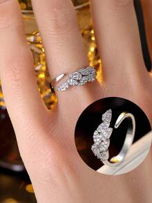 1pc Luxury Leaf Rhinestone Open Ring, Adjustable Minimalist Design Finger Ring, Delicate Versatile Jewelry Accessory For Women - Open Ring - View 5