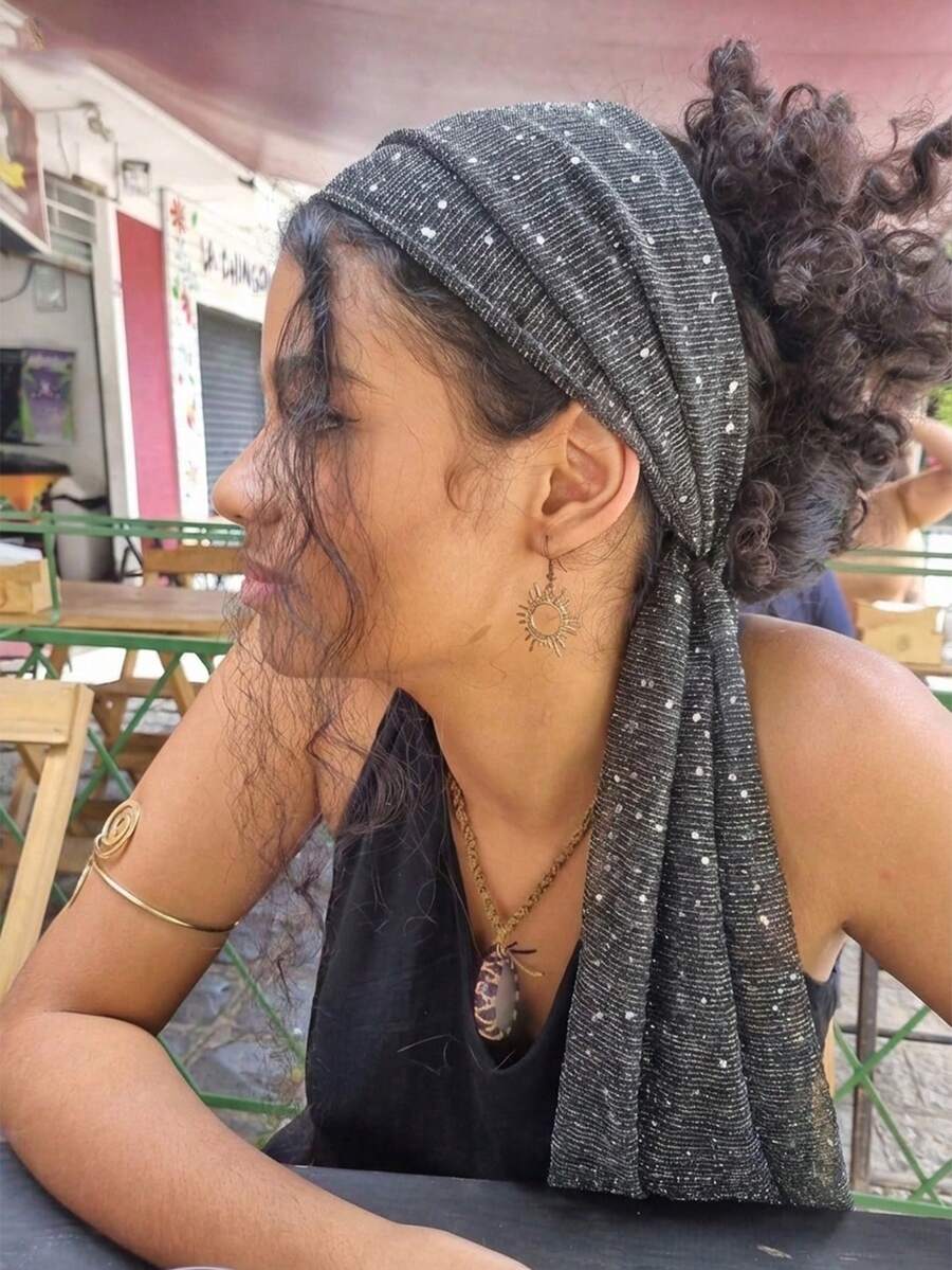 1件新款欧美风亮片交叉发带，波西米亚风头巾披肩，秋季必备 - 灰色 - 查看 1