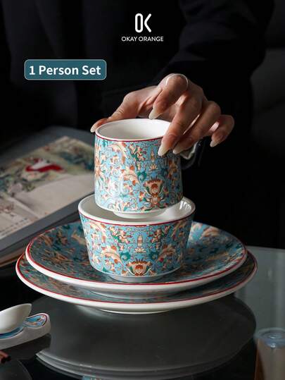 1 Set Ceramic Tableware Set For One Person, Retro Blue Enamel Style Design, Suitable For Home Use, Decoration, Restaurants And Kitchens, Suitable For Various Festivals As Gifts Or Presents, Suitable As Gifts For Family And Friends