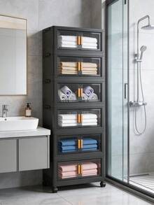 1个15-23英寸可折叠塑料储物柜，可折叠收纳盒，厨房餐具柜，厨房收纳架，客厅玩具柜，窄缝收纳架，厨房窄型储物柜，圣诞礼物，储物盒，床底收纳 - 黑色透明 - 查看 3