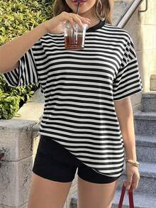 Vaiaye 女士宽松圆领休闲T恤，条纹撞色修身短袖T恤，适合春夏穿着，情人节理想之选 - 黑白條紋 - 查看 7