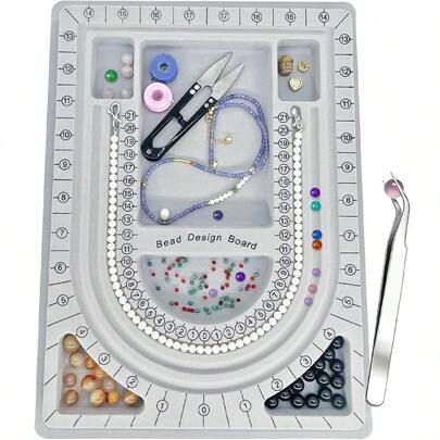 KLONKEE Bead Board, Bead Measuring Board, Jewelry Design Tray, Bead Design Table, Suitable For Necklace, Jewelry Making, Design, Measurement, DIY Production - Grey Suede, With 6 Slots And 3 U-Shaped Slots For Bracelet Necklace DIY Handmade Design