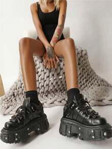 Women's Platform Biker Boots Lace Up Motorcycle Ankle Boots Black Metal Combat Y2K Goth Punk Booties Fashion Shoes Outdoor Footwear Rock Boots - 黑色 - 查看 3
