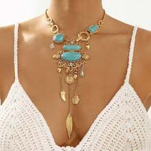 1PC New  Exaggerated Pattern Inlaid Turquoise Alloy Women's Necklace Vintage Design Y-Shaped Choker, Elegant Women's Pendant Necklace,Suitable For Multi-Scenario Wear, A  Accessory, And An Ideal Gift - 金色 - 查看 7