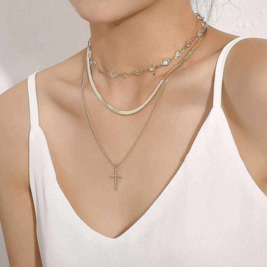 十字架吊坠多层项链，前卫金属刀片链条颈链，百搭女士项链 - 金色 - 查看 1