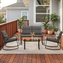 Lofka 4 Piece Rocking Bistro Set, Black Steel Patio Furniture, Porch Chairs Conversation Set With Glass Coffee Table, Back Cushion, For Balcony, Garden, Deck, Backyard, Grey - 灰色 - 查看 1