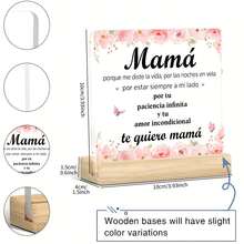 1pc Flat Acrylic Piece With Wooden Base, Spanish Text And Floral Design, Desktop Decor, Birthday, Anniversary, Mother's Day Gift - 1PC - View 2