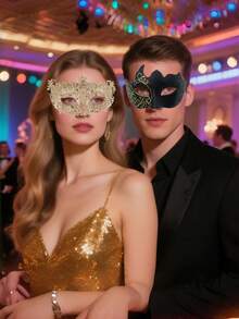 2pcs Couple Masquerade Masks, Fashionable High-End Gold Mask Set, Venetian Party Half Face Mask, Christmas Halloween Party Masks, Carnival Cosplay Decorative Masks For Men And Women - Painted Glitter Mask - View 3