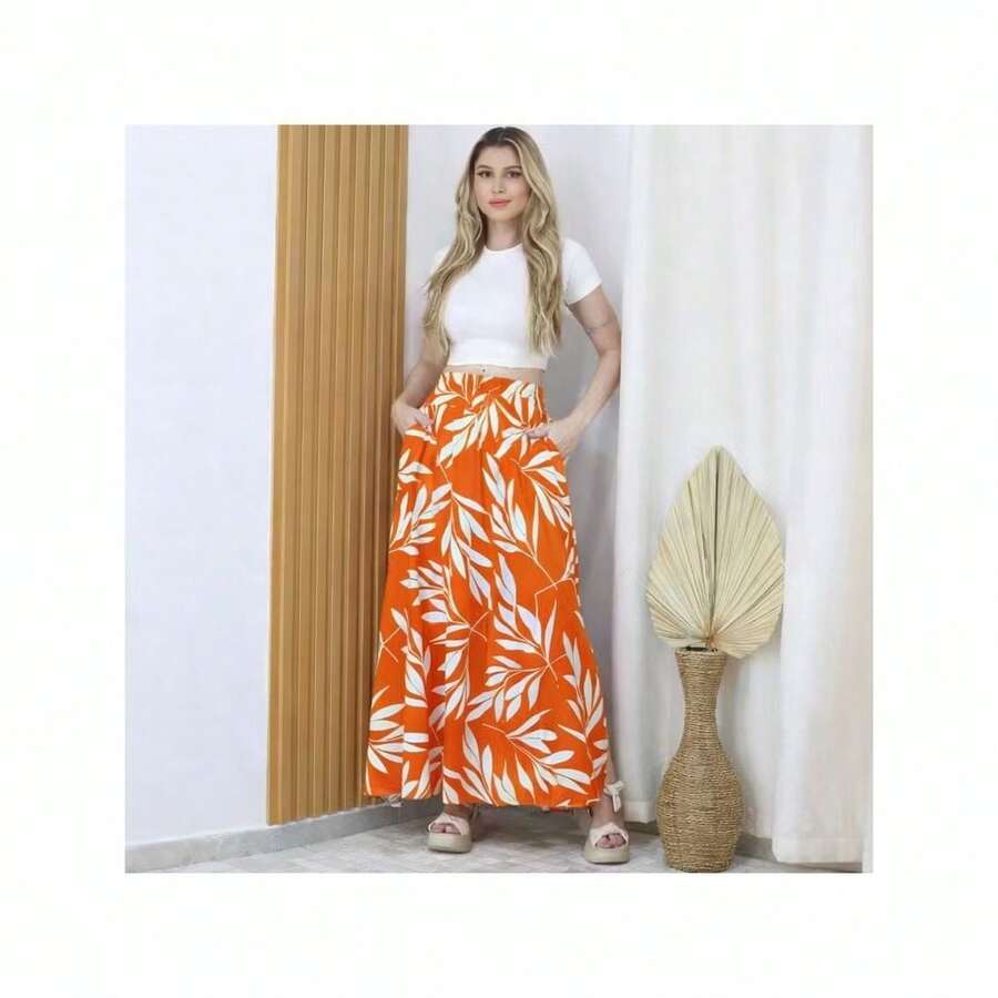 Long, Printed Viscose Skirt, Lined, High Waist With Pockets And Side Slits. - 橘色 - 查看 1