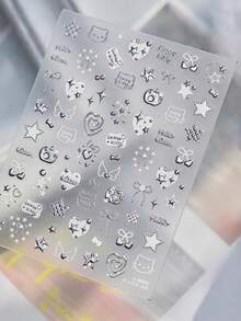1张5D立体浮雕可爱圆头猫咪美甲贴纸，蝴蝶结和星星图案，自粘式DIY美甲贴纸 - 彩色 - 查看 3