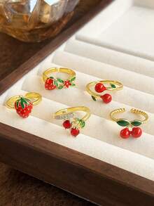 5件套奢华时尚精致草莓樱桃甜美可爱优雅铜质微镶开口戒指套装，适合度假、派对、节日佩戴（不含礼盒） - 金黃色 - 查看 7
