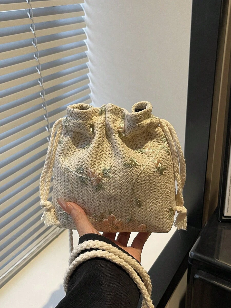 Bolso de paja tejido en diagonal de un solo hombro, bolso de cubo de playa para mujer - Beis - Ver 1