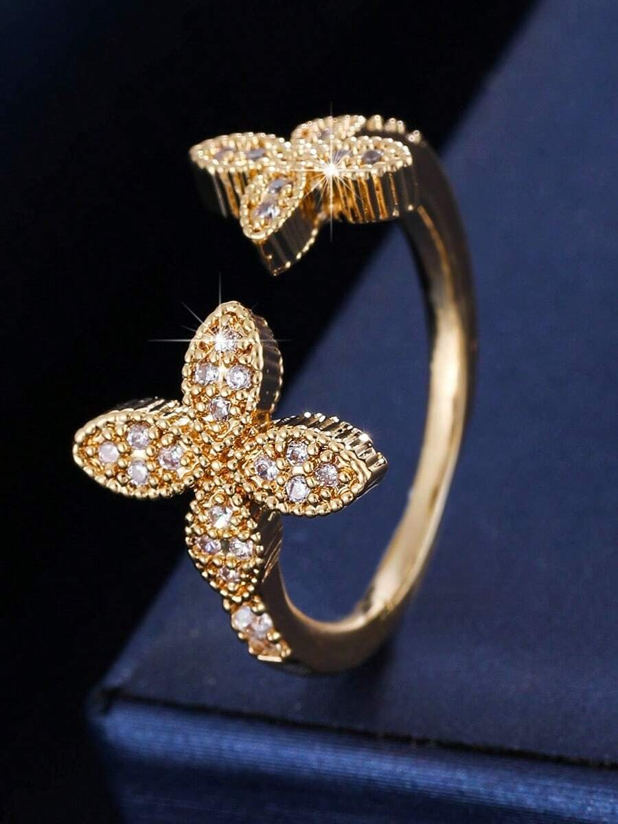 1pc Adjustable Lucky Four-Leaf Clover Double Flower Open Ring, Micro-Inlaid Zirconia, Delicate & Luxurious, Suitable For Daily Wear - Open Ring - View 1