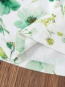 女童夏季连衣裙，清新绿色植物和花卉印花，吊带腰身设计，A字裙摆，甜美可爱 - 薄荷綠 - 查看 5