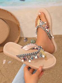 女童时尚平底人字拖，波西米亚风格，时尚吊坠设计，舒适轻便沙滩鞋 - 彩色 - 查看 1