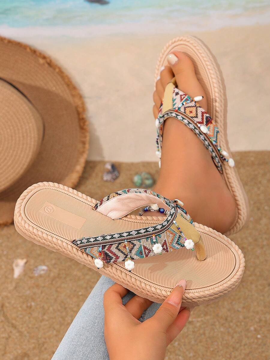 女童时尚平底人字拖，波西米亚风格，时尚吊坠设计，舒适轻便沙滩鞋 - 彩色 - 查看 1