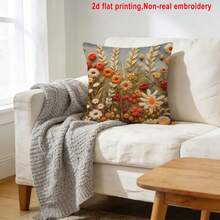 1pc Vintage Embroidered Floral Pattern Home Decor Throw Pillow Cover, 2D Flat Print Forest Style Wild Flower Cushion Cover, Bedroom Home Decor Pillow Sham, Polyester Square Single-Sided Print Pillow Case, Machine Washable, Zipper Closure, Pillow Insert Not Included, 45*45cm - Multicolor - View 9