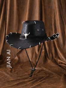 1pc Unisex Vintage PU Leather Metal Decor Embellished Western Cowboy Panama Hat Sun Hat Jazz Hat Cowboy Hat Soft Felt Hat Fedora Hat, Can Be Worn All Seasons - màu đen - Xem 8
